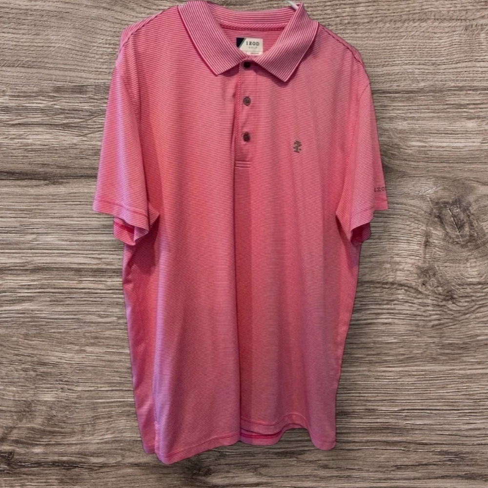 IZOD GOLF EUC MENS POLO TOP SHIRT PINK WHITE STRIPE FALL SHIRTS CASUAL SIZE XL